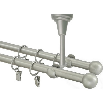 OK-GarnýžeCZ Garnýž kovová dvouřadá 16mm Koule stříbrná mat 180 cm do stěny / na tunýlek - bez kroužků