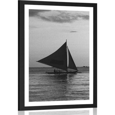 Plakát s paspartou nádherný západ slunce na moři v černobílém provedení - 40x60 silver