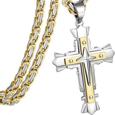 HARAHU Мъжка верижка с кръст mj - 38729 - Златна / Сребърна / 60см kp38729 (mj-38729)