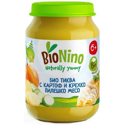 Био пюре BioNino - Пюре с тиква, картоф, тиквички и пилешко месо, 6 m+, 190 g (BN2317)
