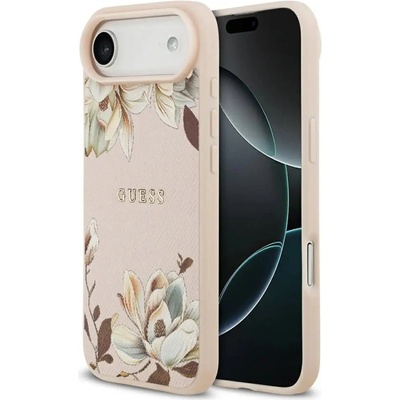 GUESS Grained Flowers Classic Logo MagSafe Air Case за iPhone - розов