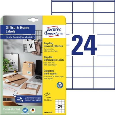 Avery-Zweckform LR3475-10 etikety 70 x 36 mm recyklovaný papier biela 240 ks trvalé univerzálne etikety