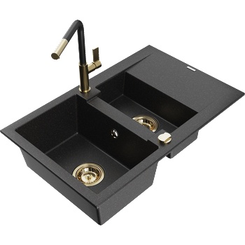 Mexen Gaspar гранитна мивка 1, 5-коморна с отцедник и кухненски смесител Flora, черен/сребърен - 6507-73-670401-57-G (6507-73-670401-57-G)