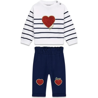 Guess Бяла блуза със синьо райе и сърце и тъмно син панталон за бебе момиче Guess