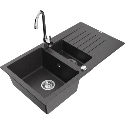 Mexen Matias гранитна мивка с 1, 5 камери и отцедник, с кухненски смесител Telma, черна на пръски - 6502-76-670200-00 (6502-76-670200-00)