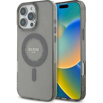 GUESS Дизайнерски силиконов кейс с MagSafe за iPhone 16 Pro Max - Guess IML Rhinestones Ring MagSafe Case (черен) (GUHMP16XPFTDTEK)