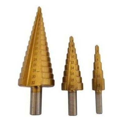 Stupňovité vrtáky 4-12 mm, 4-20 mm, 4-32 mm, sada 3 kusů