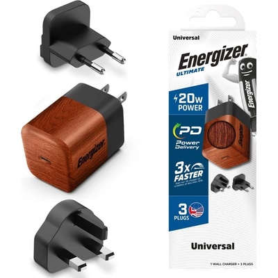 Energizer Зарядно устройство Energizer A20MU, USB-C, EU, UK, US, 20W, Дърво (A20MUWO)