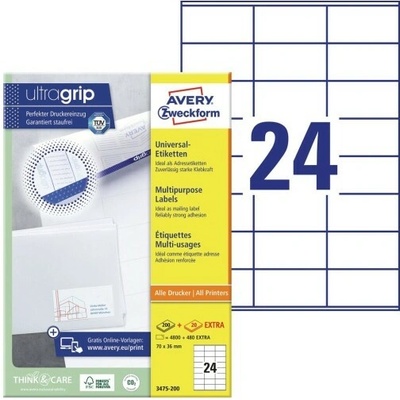 AVERY ZWECKFORM70x36 mm 24 etiket 200 listů Univerzální etikety A4 bílé