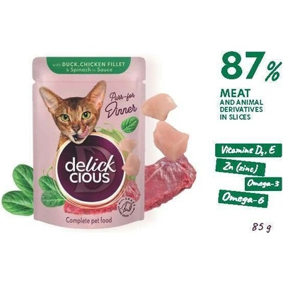 Delickcious Plátky s kachním a kuřecím a špenátem v omáčce 85 g