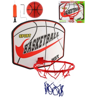 Teddies Basketbalový koš dřevo kov síťka míč s pumpičkou v krabici 49x42x4cm