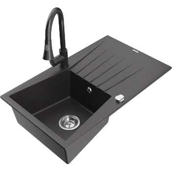 Mexen Cesar гранитна мивка с 1 отделение със сушилник и кухненски смесител Elia, черен напъстрен - 6514-76-670101-76 (6514-76-670101-76)
