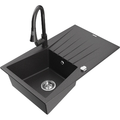 Mexen Cesar гранитна мивка с 1 отделение със сушилник и кухненски смесител Elia, черен напъстрен - 6514-76-670101-76 (6514-76-670101-76)