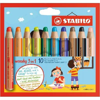 STABILO Barevná pastelka Woody 3v1 pastelka vodovka voskovka Pouzdro 10ks