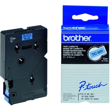 Brother TC-501, 12mm x 7, 7m, черен печат / син фон, ламинирана, оригинална лента (TC501)