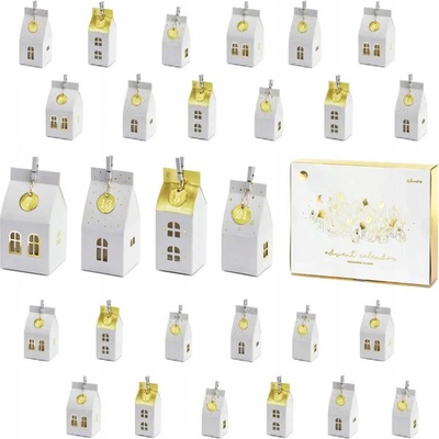 PartyDeco Adventní kalendář Domečky s čísly bílá zlatá