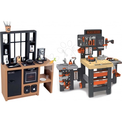 Smoby Set kuchynka moderná Loft Industrial a pracovný stôl trojkrídlový so skladacím autíčkom