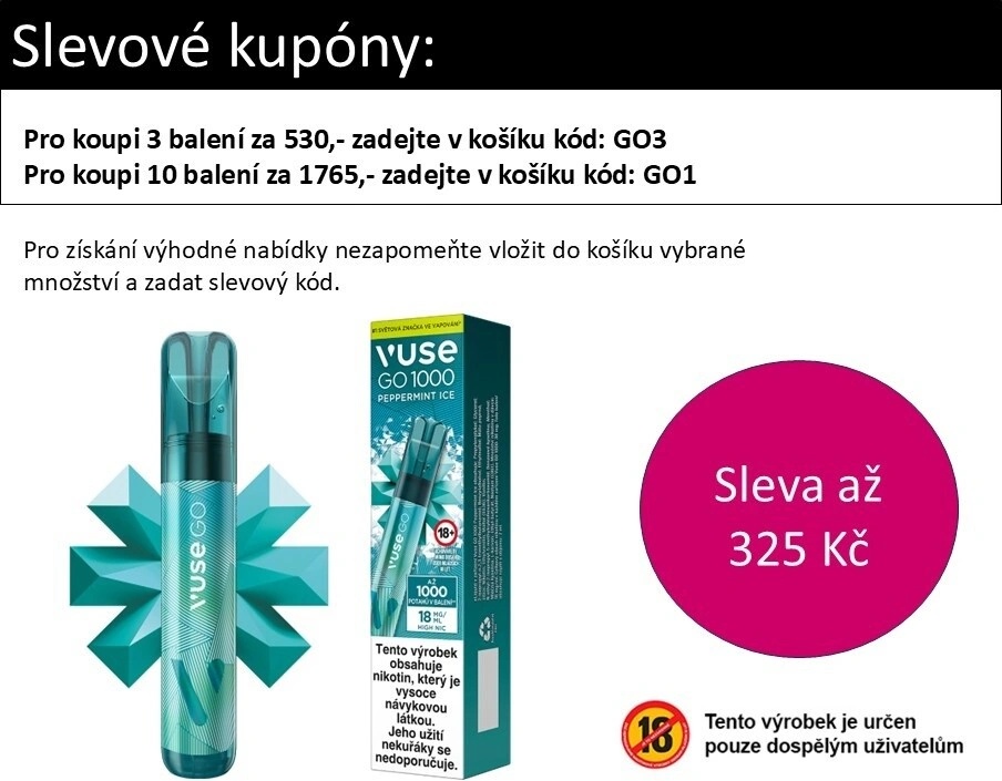 Vuse GO 1000 Pen Peppermint Ice 18 mg 1000 potáhnutí od 196 Kč