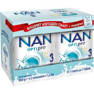 Nestle Комплект адаптирано мляко Nestle NAN - Optipro 3 HM-O, 12М+, 2 х 800 г + подарък лигавник (14505531) - baby