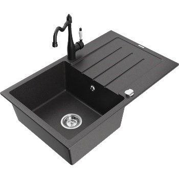 Mexen Bruno гранитна мивка с 1 отделение с отцедник и кухненски кран Carla, черен на точки - 6513-76-670700-70 (6513-76-670700-70)