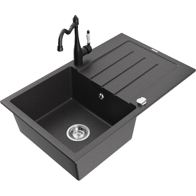 Mexen Bruno гранитна мивка с 1 отделение с отцедник и кухненски кран Carla, черен на точки - 6513-76-670700-70 (6513-76-670700-70)
