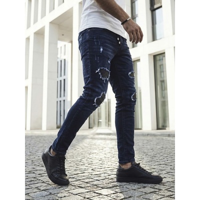 Trendy tmavě modré rifle s módními odřeninami