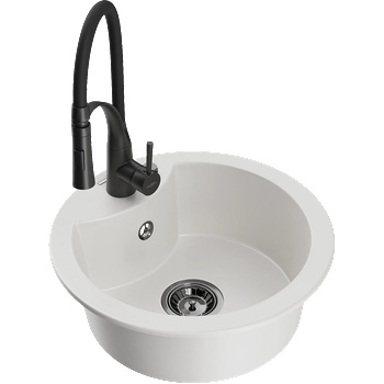 Mexen Diego гранитна мивка с 1 камера с кухненски смесител Aster, бял - 6512-20-73450-70-B (6512-20-73450-70-B)