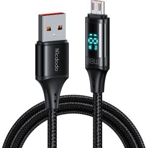 Mcdodo Кабел за данни - Mcdodo (CA-1070) - USB 2.0 → Micro-USB, цифров дисплей, найлон оплетка, алуминий, 3A, 1.2m - Черен