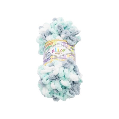 Alize příze Puffy color 6408 mentolově zelená, šedá, bílá