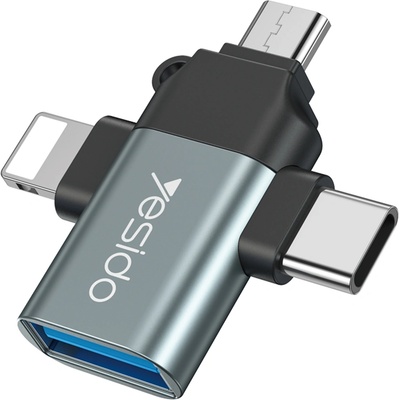 YESIDO Женски USB 3.2 адаптер към мъжки USB-C, Lightning и microUSB за мобилни устройства - Yesido GS15 USB-A 3.0 Female To USB-C, Lightning Male and MicroUSB OTG Adapter (KF237223)