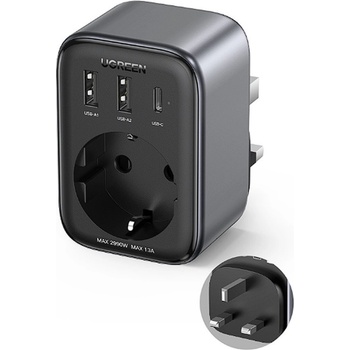 Image 1 of UGREEN GaN Compact Travel Charger 30W With EU Plug - захранване за ел. мрежа с UK стандарт и 2хUSB-A и USB-C изходи и преходник към EU стандарт (черен)