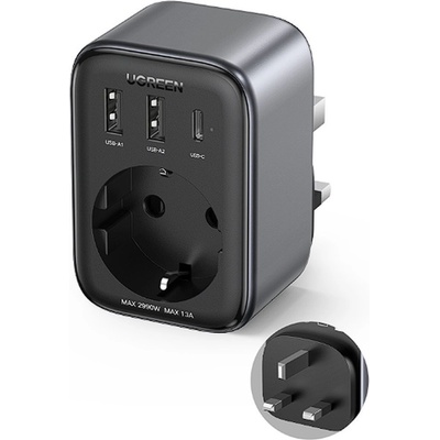 UGREEN GaN Compact Travel Charger 30W With EU Plug - захранване за ел. мрежа с UK стандарт и 2хUSB-A и USB-C изходи и преходник към EU стандарт (черен)