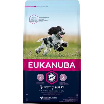 EUKANUBA Puppy Medium - Пълноценна суха храна за подрастващи кучета средни породи с пилешко и пуешко месо, 3 кг