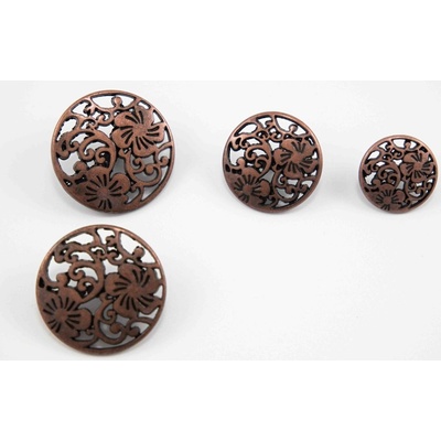 Luxusný kovový filigránsky gombík - matná meď - priemer 2,8 cm