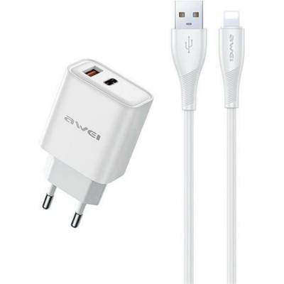 Awei PD81L-EU Променливотоково зарядно устройство USB+Type-C гнездо 22, 5W, PD бързо зарядно устройство + Lightning кабел, БЯЛО (PD81L-EU)