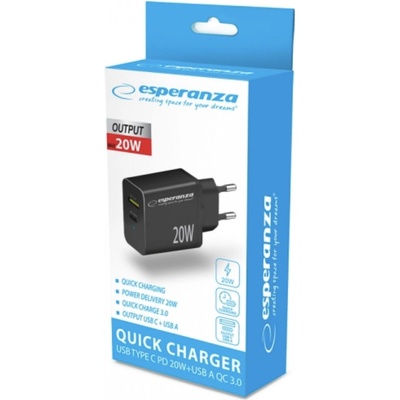 ESPERANZA nabíječka 20 W USB-C PD 20 W / USB-A QC 3.0 18 W – černá – Zboží Živě