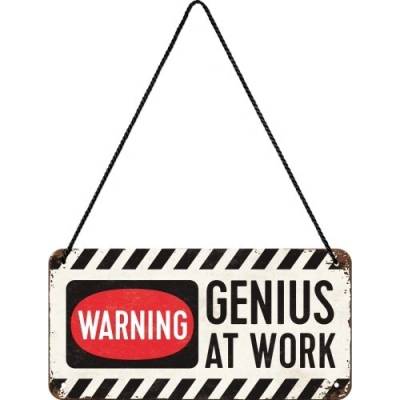 Plechová ceduľa Warning! Genius at Work, 20 x 10 cm