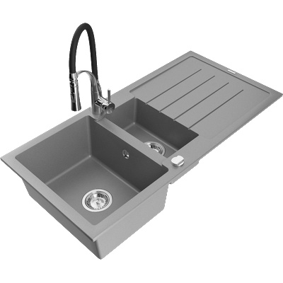 Mexen Andres гранитна мивка с 1, 5 камери с отцедник и кухненски смесител Aster, сив - 6515-71-73450-07 (6515-71-73450-07)