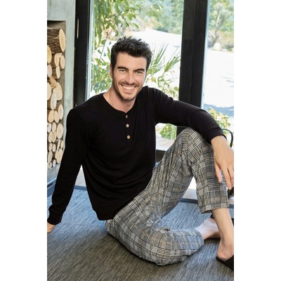 Pánské pyžamo teplé černé triko a šedé káro kalhoty temo bavlna 1P2023 černá