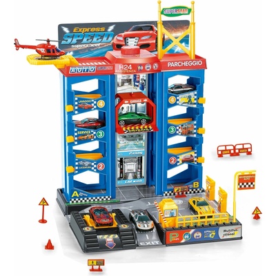 Wiky Vehicles Parkovací stanice se 3 kovovými auty a vrtulníkem 30x27x37 cm