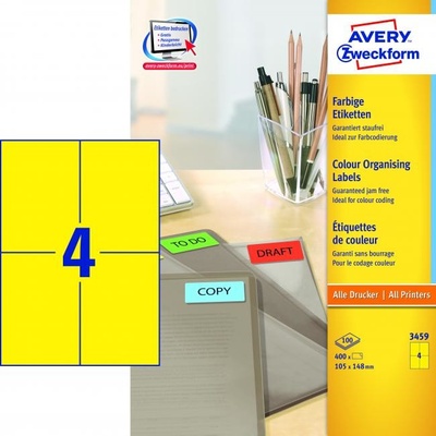Etikety farebné 105x148mm Avery A4 100 hárkov žlté