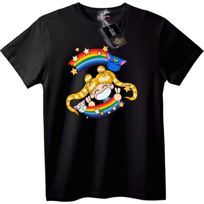 NOONEBRAND Тениска с дъгова котка и девойка - 2XL, Black
