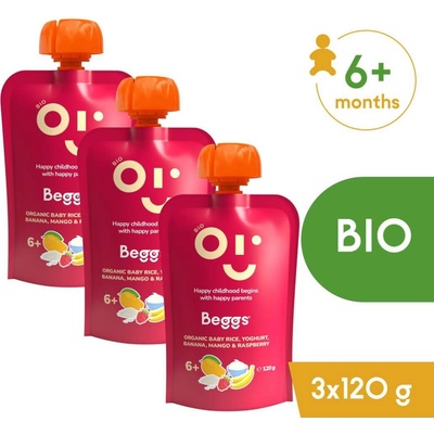 Beggs BIO Dětská rýže s jogurtem, banánem, mangem a malinami 3 x 120 g