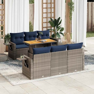 vidaXL Градински диван с възглавници, 7 части, полиратан, сив (3327113)