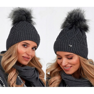 Fashionweek dámská zimní čepice s bambulí Jenot podšitý hřejivým fleecem ZIZI-V23 grafitová