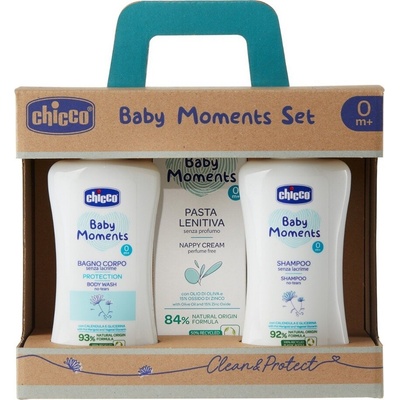 Chicco Baby Moments šampón na celé telo pre deti 200 ml + detský šampón na vlasy 200 ml + upokojujúci detský krém proti zapareninám 100 ml