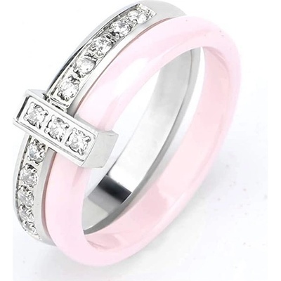 Prosperk Prsten keramický růžový s ocelí a krystalky 24138