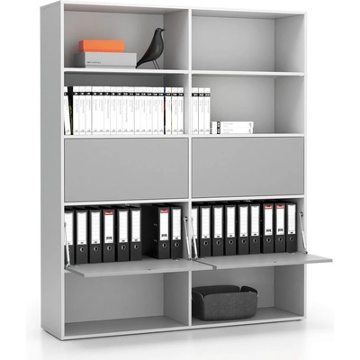 Plan Široký kancelársky policový regál LAYERS, 4 boxy, 1582 x 400 x 1905, biela / sivá