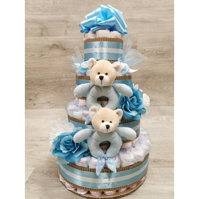 Pastell decor Plenkový dort pro dvojčata čtyřpatrový originální dárek Varianta: Pro chlapečky, Velikost plenek: Vel. 2 Miminko váží 3 až 6 kg