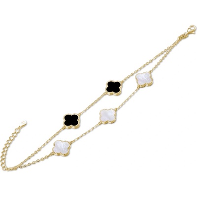 MINET 1254 Pozlacený stříbrný náramek ČTYŘLÍSTKY s bílou perletí a onyxem